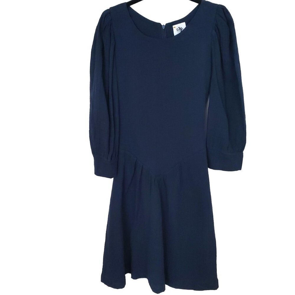 NWT Tach Dress Size XS Anker Muslin cotton slub Puff‎ sleeve dipped waist Black